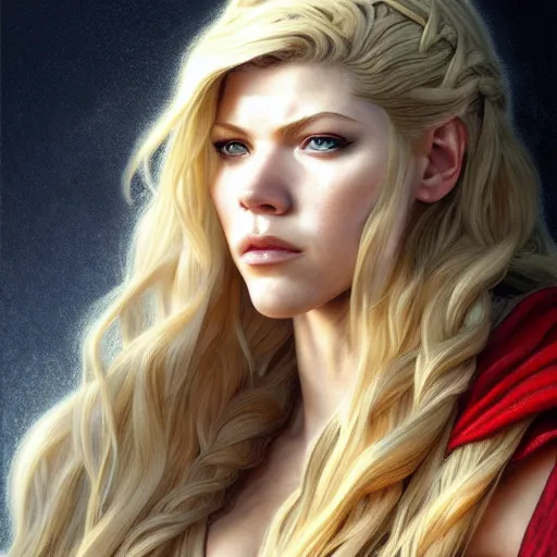 Image similar to beautiful Katheryn Winnick as Lady Thor, drawn by a 6 year old, western, closeup, D&D, fantasy, intricate, elegant, highly detailed, digital painting, artstation, concept art, matte, sharp focus, illustration, art by Artgerm and Greg Rutkowski and Alphonse Mucha