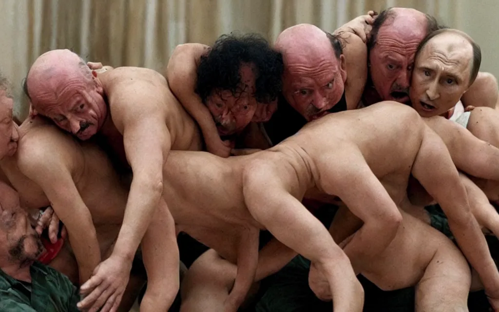 Prompt: horror film human centipede with aleander lukashenko and putin and gaddafi stitched together into human centipede