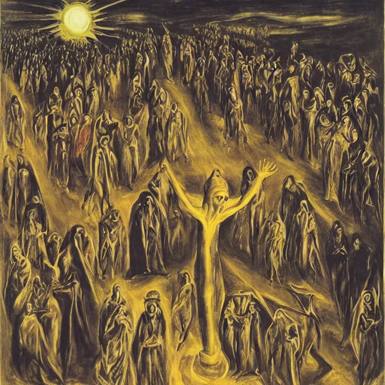 Image similar to A Holy Week procession of souls in a Spanish landscape at night. A figure at the front holds a cross. El Greco, Remedios Varo, Salvador Dali.