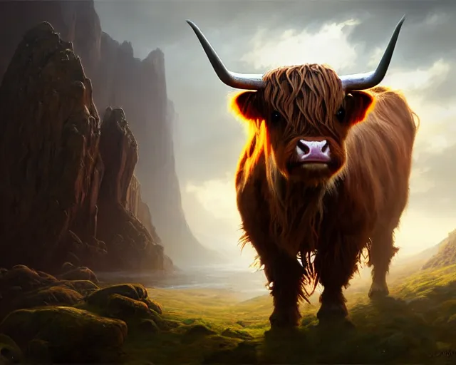 Image similar to photography highland cow, deep focus, d & d, fantasy, intricate, elegant, highly detailed, digital painting, artstation, concept art, matte, sharp focus, illustration, hearthstone, art by artgerm and greg rutkowski and alphonse mucha