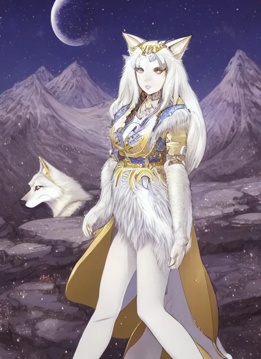 Image similar to commissioned full body portrait of a female anthro wolf princess fursona with a furry wolf head and white hair wearing a white and gold Japanese armored dress in a white and gold palace on a starry night with a large crescent moon, by a professional manga illustrator, Stanley Artgerm Lau, WLOP, Rossdraws, James Jean, Andrei Riabovitchev, Marc Simonetti, and Sakimichan, trending on artstation