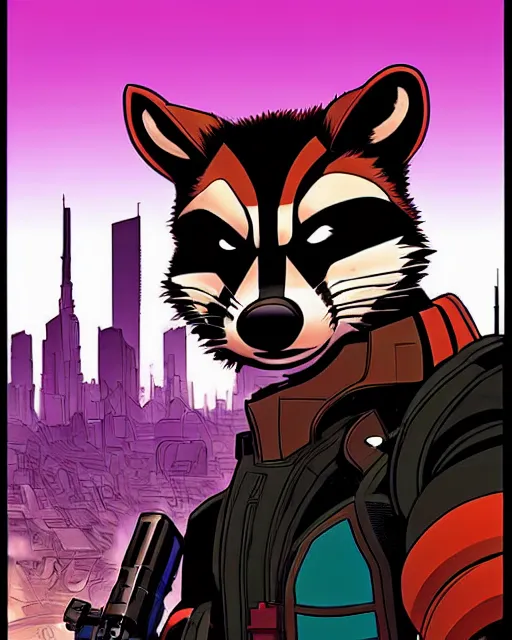 Prompt: a close up portrait of rocket raccoon, weapon on a ready looking determined overlooking a cyberpunk city in the background, full face portrait composition, 2D drawing by Mike Mignola, Yoji Shinkawa, flat colors, chiaroscuro