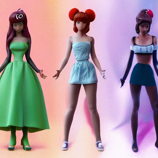 Prompt: disney inspired female figurines, teenagers, full body, realistic portrait, anime style, octane render 8 k, unreal engine, hd
