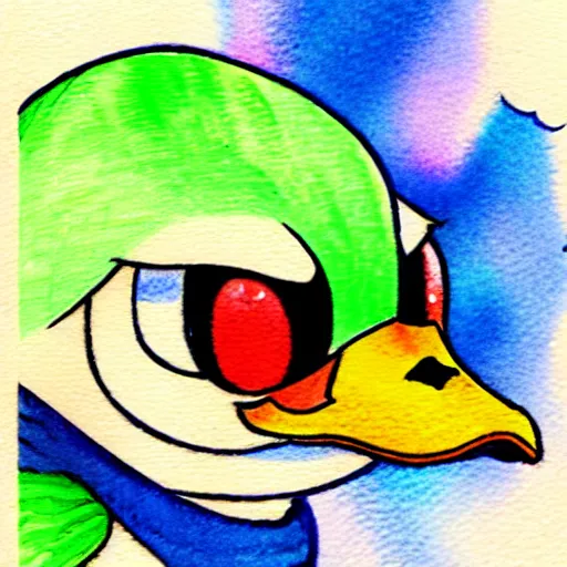 Prompt: duck anime illustration watercolors, style of ken sugimori