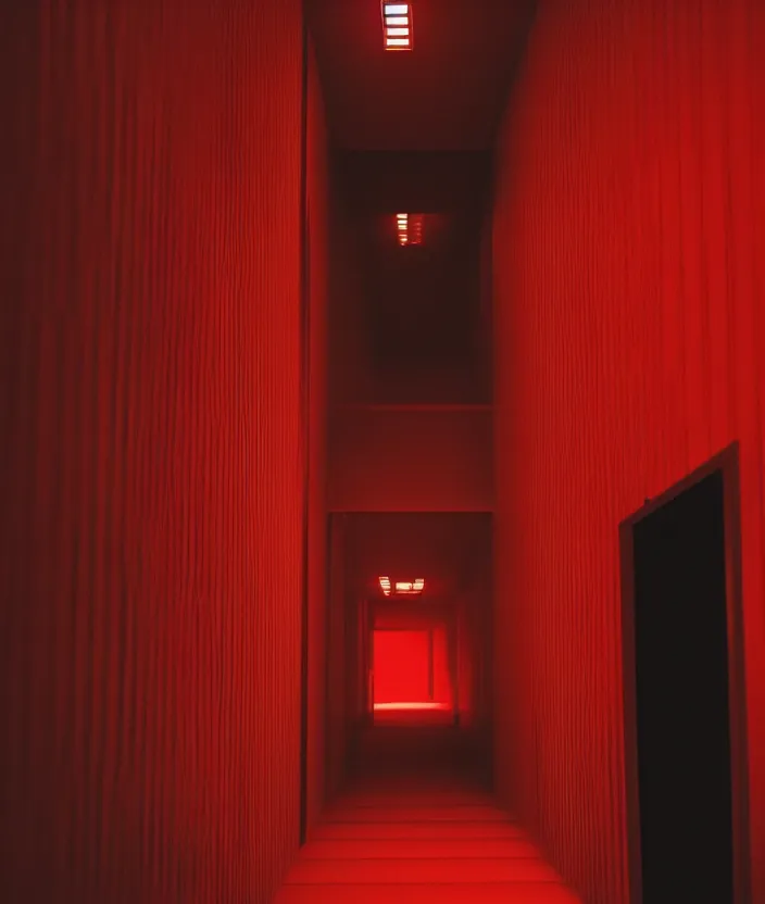 Prompt: spooky photo of a dark hallway of a japanese modern house with open lit doorways, dramatic lighting, smoke, ceiling fluorescent lighting, black and red colour palette