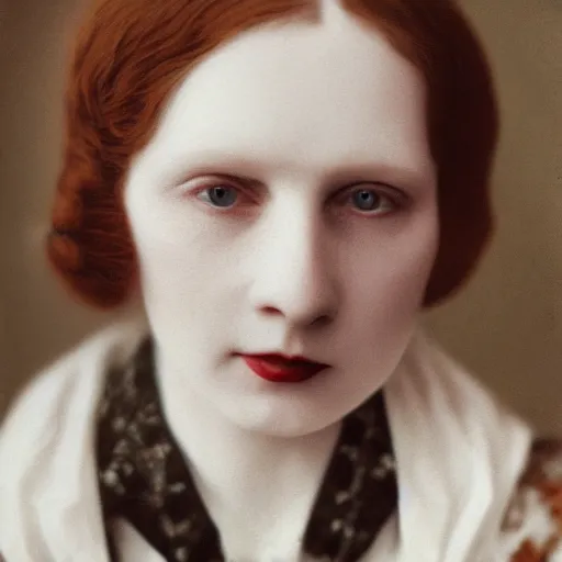 Image similar to close photo portrait of a pale skin woman wearing 1 9 2 0'clothes, long hook nose, colorized