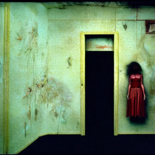 Prompt: 3 5 mm color photography, joel - peter witkin, beksinski, and stephen gammell, video still of abandoned government facility with floating woman with long hair glitch nightmare