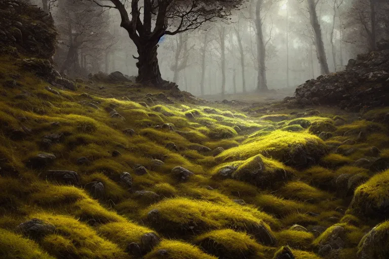 Image similar to beautiful oil painting of a rocky field with moss, a tree with blue leaves, glowing, gloomy, atmospheric lighting, detailed, by greg rutkowski, trending on artstation