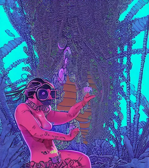 Prompt: a cyberpunk diver Polynesian woman swims through a dark bioluminescent alien coral reef, techwear, Industrial Scifi, detailed illustration, character portrait, by Martin Grip and Moebius