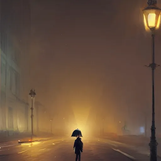 Image similar to lonely road of moscow at night with a single lamp post, walking woman with umbrella, artstation, detailed, by greg rutkowski,