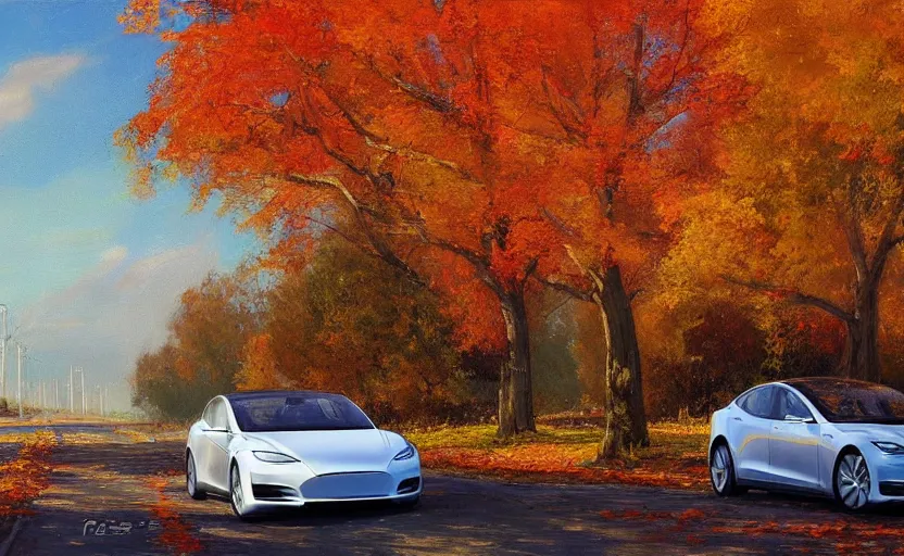 Image similar to new tesla model s on an autumn street by peder mørk mønsted