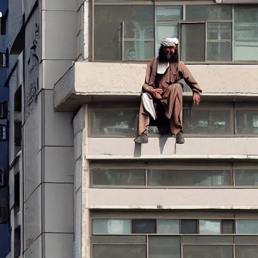 Image similar to Taliban member eating subway on top of a building