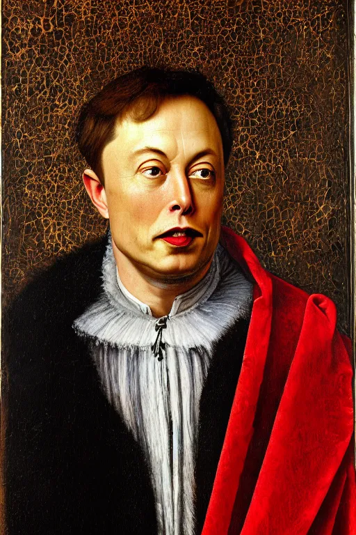 Image similar to portrait of elon musk, oil painting by jan van eyck, northern renaissance art, oil on canvas, wet - on - wet technique, realistic, expressive emotions, intricate textures, illusionistic detail