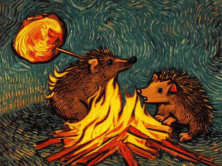 Prompt: a detailed painting of a hedgehog toasting marshmallows on a campfire by van gogh. Oil painting. Trending on artstation. 8k