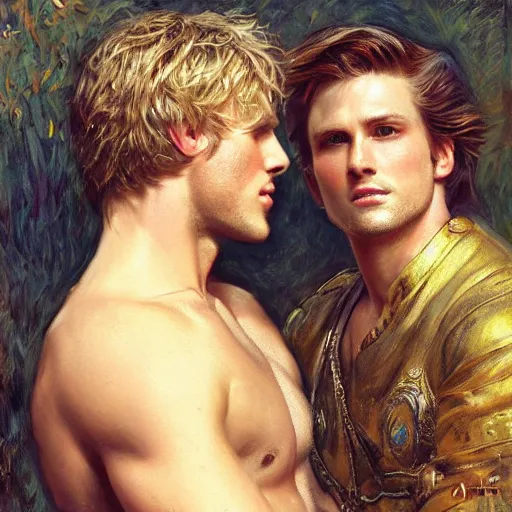 Image similar to attractive male, arthur pendragon who has blond hair confesses his love to attractive male, merlin who has dark hair. highly detailed painting by gaston bussiere, craig mullins, j. c. leyendecker 8 k