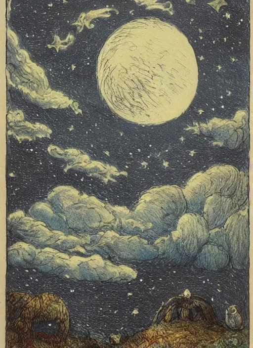 Image similar to night sky, stars, moon prominently in the center, surrounded by clouds, landscape, illustrated by peggy fortnum and beatrix potter and sir john tenniel