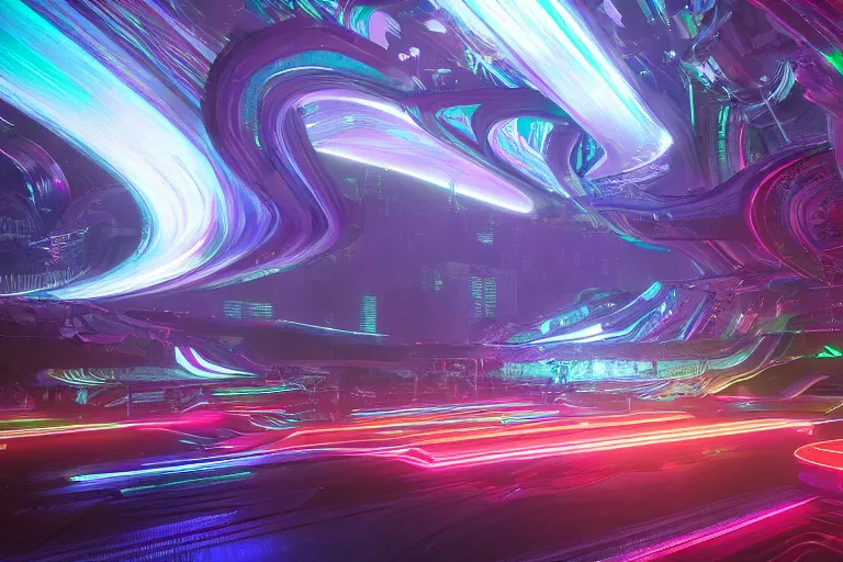 Image similar to wide shot of a futuristic rgb with neon strip lights Singaporean forest, waterfalls, octane render, by James Jean, award winning, artstation