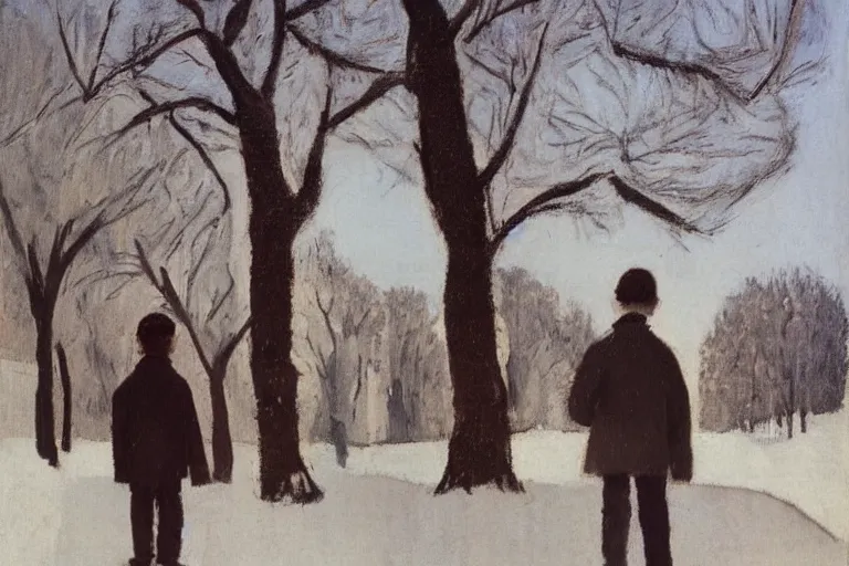 Image similar to a very tall man with dark hair holding the hands of a short young boy as they walk in a park on a bright beautiful winter day. part in the style of an edgar degas painting. part in the style of david hockney