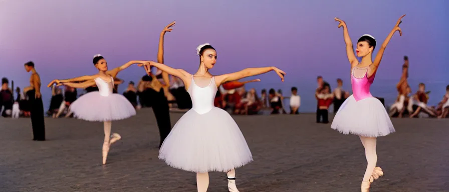 Prompt: contemporary russian ballet performance in los angeles at sunset, at venice beach, event photography, canon 5 0 mm ektachrome