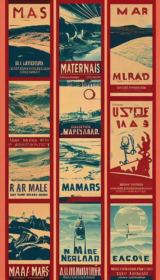 Image similar to posters for living on mars in the style of old vintage national railway posters, colonize mars posters styled like old english railway posters