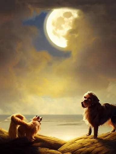 Prompt: two dogs howling at the moon, looking at the ocean the ocean. intricate, elegant, highly detailed, digital painting, artstation, concept art, sharp focus, illustration, by justin gerard and artgerm, 8 k