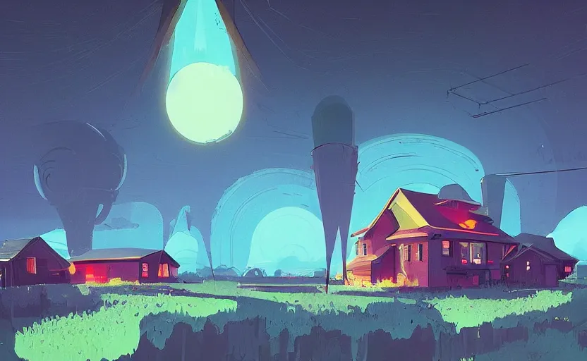 Prompt: farmhouse in an alien world, james gilleard, print, game art