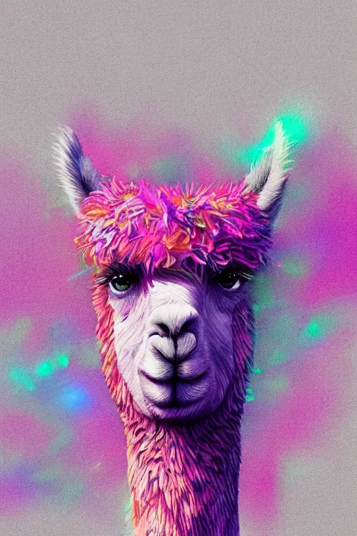 Image similar to vivid 3D animated designscapes with bursts of radiant particles–building an ethereal minimal llama portrait, professional concept art, trending on artstation, geometric