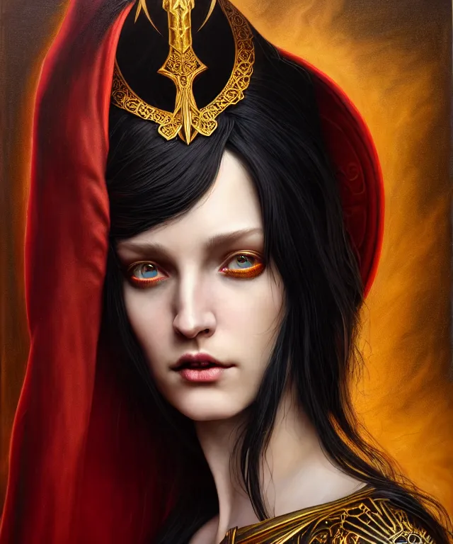 Image similar to hyperrealistic mixed media painting of a beautiful young female sorceress, stunning 3d render inspired art by P. Craig Russell and Barry Windsor-Smith + perfect facial symmetry + dim volumetric lighting, dark black hair, pale skin, ornate crimson robes with gold trim, dizzy, full body, confident heroic pose, 8k octane beautifully detailed render, post-processing, extremely hyperdetailed, intricate, epic composition, grim yet sparkling atmosphere, cinematic lighting + masterpiece, trending on artstation, very very detailed, masterpiece, stunning