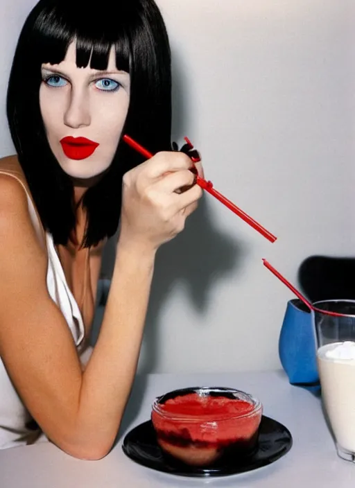 Image similar to a photograph of a woman with large blue eyes, thin nose, red lipstick and black bob with fringe, wearing a white shirt, seated at a table, drinking a milkshake with a straw by Herb Ritts