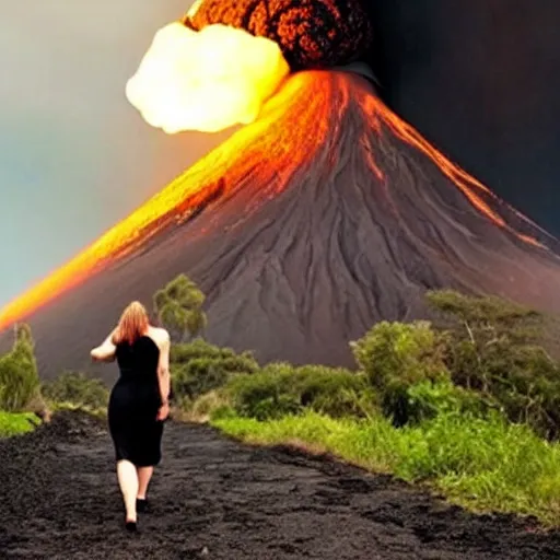 Image similar to Majestic photo of a beautiful! woman wearing a black dress walking towards the camera while a volcano explodes behind her, movie scene, majestic!, amazing!