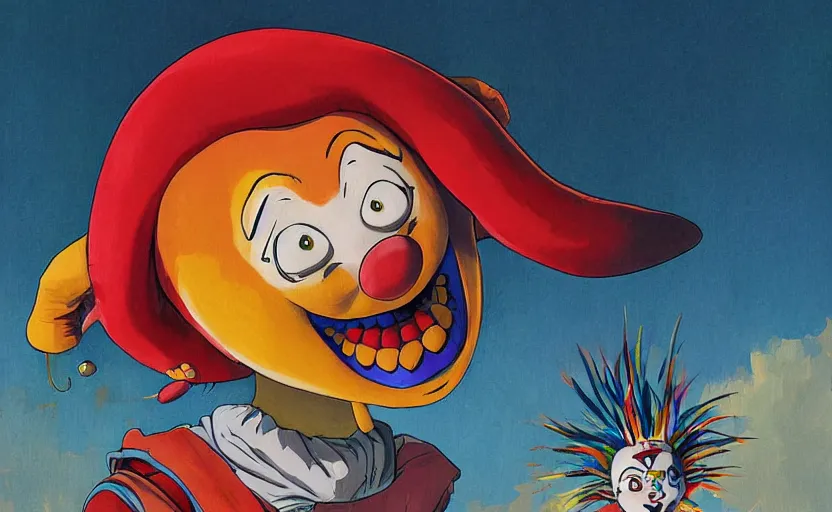 Image similar to the silly clown awoke from its slumber beneath the bed frame, digital painting masterpiece, haunting beautiful brush strokes, painted by Moebius and Hayao Miyazaki and Akira Toriyama