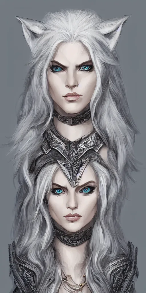 Image similar to white haired elven woman, wearing a wolf pelt, upper half portrait, centered, muscular, dnd, intricate, highly detailed, sharp, digital painting, artstation, cell shading