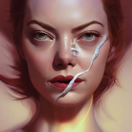 Prompt: foam floats around Emma Stone's mouth, closeup photo, dramatic lighting, intricate, wild, highly detailed, digital painting, artstation, concept art, smooth, sharp focus, illustration, art by artgerm and greg rutkowski and alphonse mucha, footage