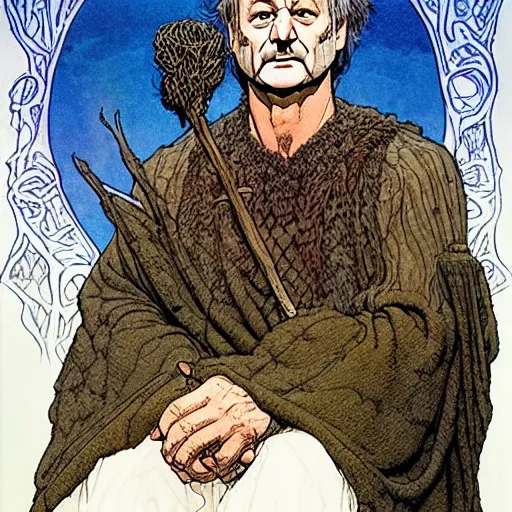 Image similar to a realistic and atmospheric portrait of bill murray as a druidic warrior wizard looking at the camera with an intelligent gaze by rebecca guay, michael kaluta, charles vess and jean moebius giraud