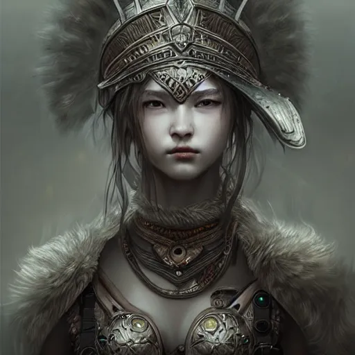 Prompt: beautiful extremely detailed intricate concept art depicting a warrior by wlop. shining jewelry. grey atmosphere. bcy. net