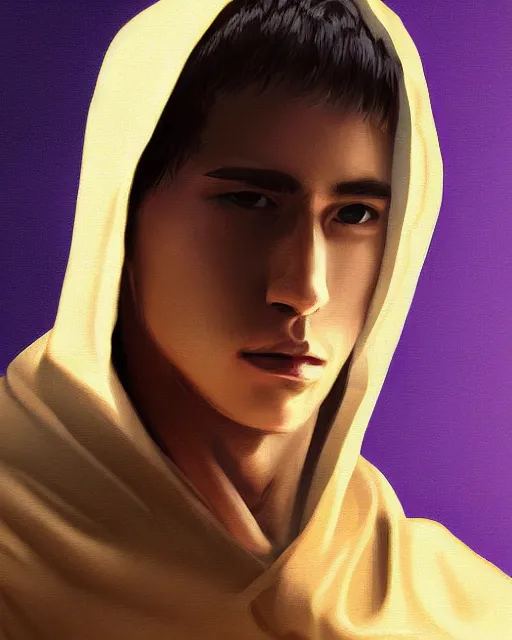 Image similar to digital art portrait of a young man in dark robes, hooded, made by WLOP, WLOP