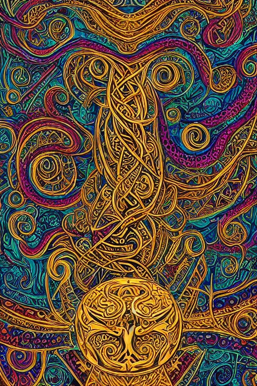 Image similar to a intricate background design with deep and intricate rune stones and rubies, and twisting intricate golden linework lovecraftian by dan mumford, atomic stars, digital art, photorealistic, vivid colors, highly detailed, intricate painted by peter max