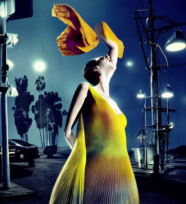 Image similar to la la land unseen film scene of gaz station by night starring seductive actress doing steps dancing and dressed by an organic looking dress from designer * iris van herpen *, with stylish colorfull makeup. intriguing soft back lighting, highly detailed, skin grain detail, photography by paolo roversi, nick knight