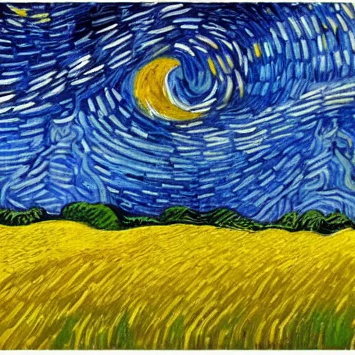 Prompt: a beautiful morning with clear skies, people running in the wheat field. in the style of starry night by vincent van gogh