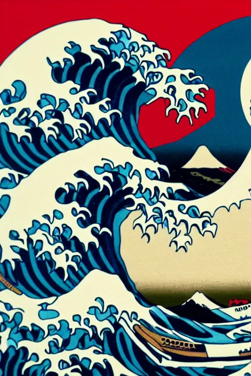 Image similar to Shepard Fairey The Great Wave off Kanagawa, sun in the background