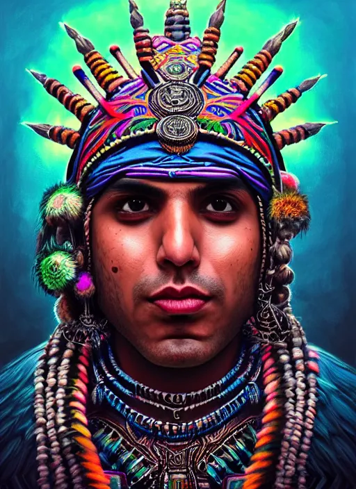 Image similar to portrait of kunal nayyar, hyper detailed ultra sharp aztec shaman warrior. trending on artstation, warpaint aesthetic, bloodwave, colorful, psychedelic, ornate, intricate, digital painting, concept art, smooth, sharp focus, illustration, art by artgerm and greg rutkowski and h. r. giger, 8 k