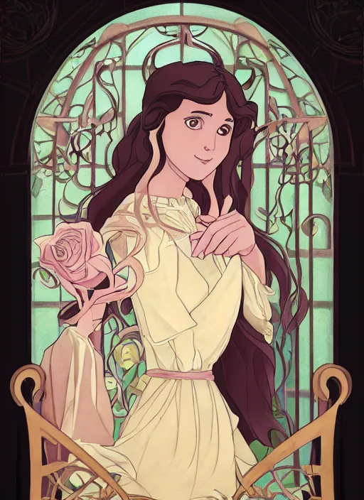 Prompt: well - lit art nouveau portrait of a 1 3 - year old girl with a shy expression, looking out from a balcony with a rose trellis, natural lighting, path traced, highly detailed, high quality, cartoon, digital painting, by don bluth and ross tran and studio ghibli