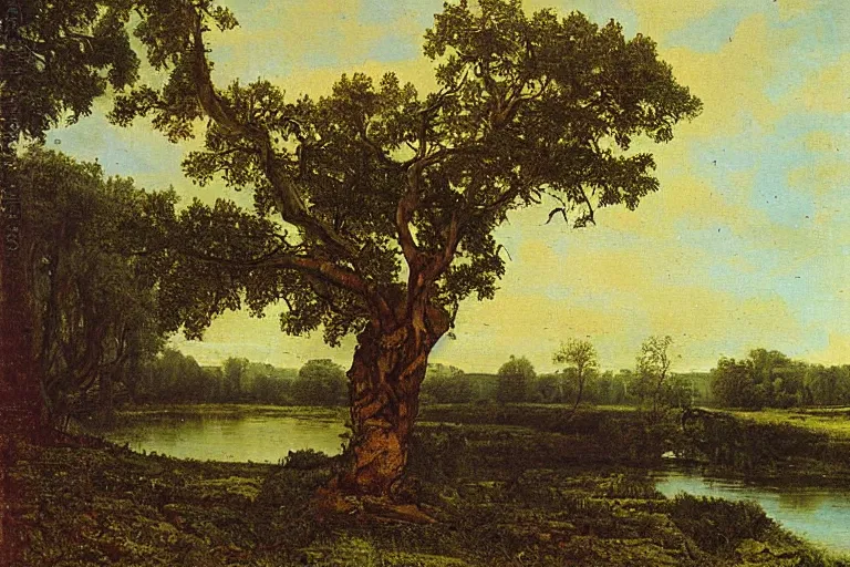 Image similar to painting of a old tree next to a meandering river by alexei savrasov