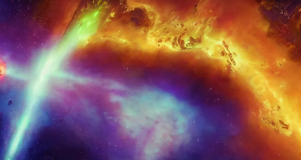 Image similar to masterpiece. octane render. view of the planet down below. space station pov. screenshot from the new sci - fi metroid film directed by denis villeneuve 4 k. cinema. close orbital of a new alien world nested within an asteroid belt nebula. purple and green lightning aurora upon it's surface.