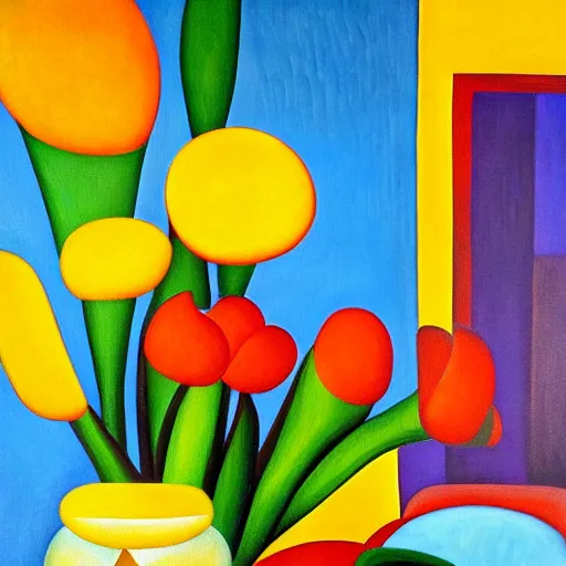 Image similar to a painting of flowers in a vase on a table, an art deco painting by tarsila do amaral, behance, neo - fauvism, fauvism, oil on canvas, acrylic art