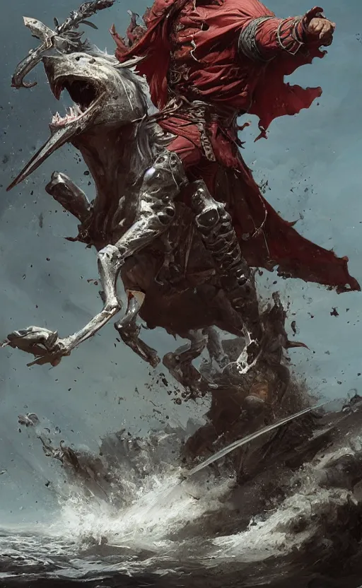 Prompt: medieval knight cutting through a pirate body on a bloody shore, front game card, drark, marvel comics, dark, intricate, highly detailed, smooth, artstation, digital illustration by ruan jia and mandy jurgens and artgerm and wayne barlowe and greg rutkowski and zdislav beksinski