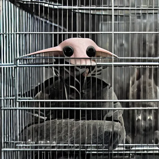 Prompt: nosferatu in a small cage at a pet store, for sale, surrounded by caged animals, detailed photograph