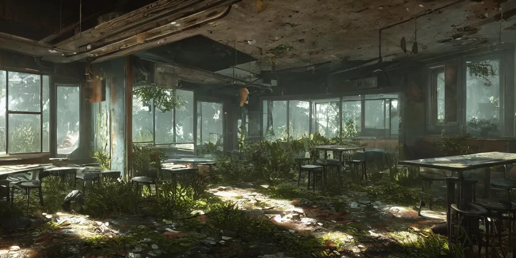 Image similar to interior, abandoned diner, photorealistic, vegetation, overgrowth, cinematic lighting, global illumination, unreal engine 5, screenshot from the last of us part 2