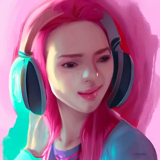 Image similar to very very very beautiful pink gamer girl wearing headphones standing in a pink girls room, full body portrait, eye contact, smiling, perfect face, perfect body, extreme long shot, drawn by charlie bowater