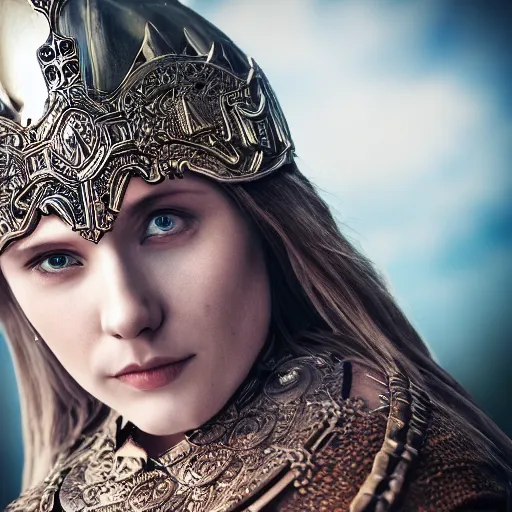 Prompt: beautiful Viking queen with ornate cloak, highly detailed, 4k, HDR, smooth, sharp focus, hyper realistic, high resolution, award-winning photo